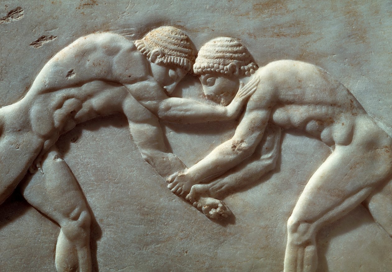 Concurso entre atletas, relevo de Necrópole de Kerameikos em Atenas, Grécia, Detalhe, civilização grega, Século VI a.C. de Greek School