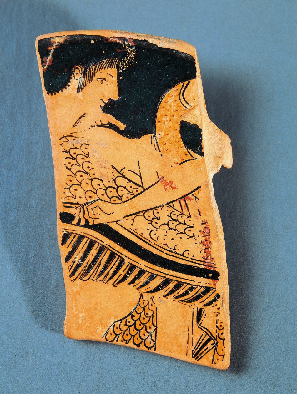 Fragmento de placa do sótão representando Apollo voando num cisne para o país dos Hiperboreanos, pelo pintor Euphronios, cerâmica de figuras vermelhas de Greek School