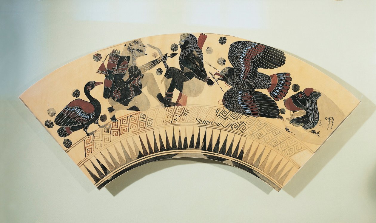 Fragmento de um vaso, representando Heracles libertando o Prometeu do seu tormento por águia, cerâmica de algaraviar negro de Greek School