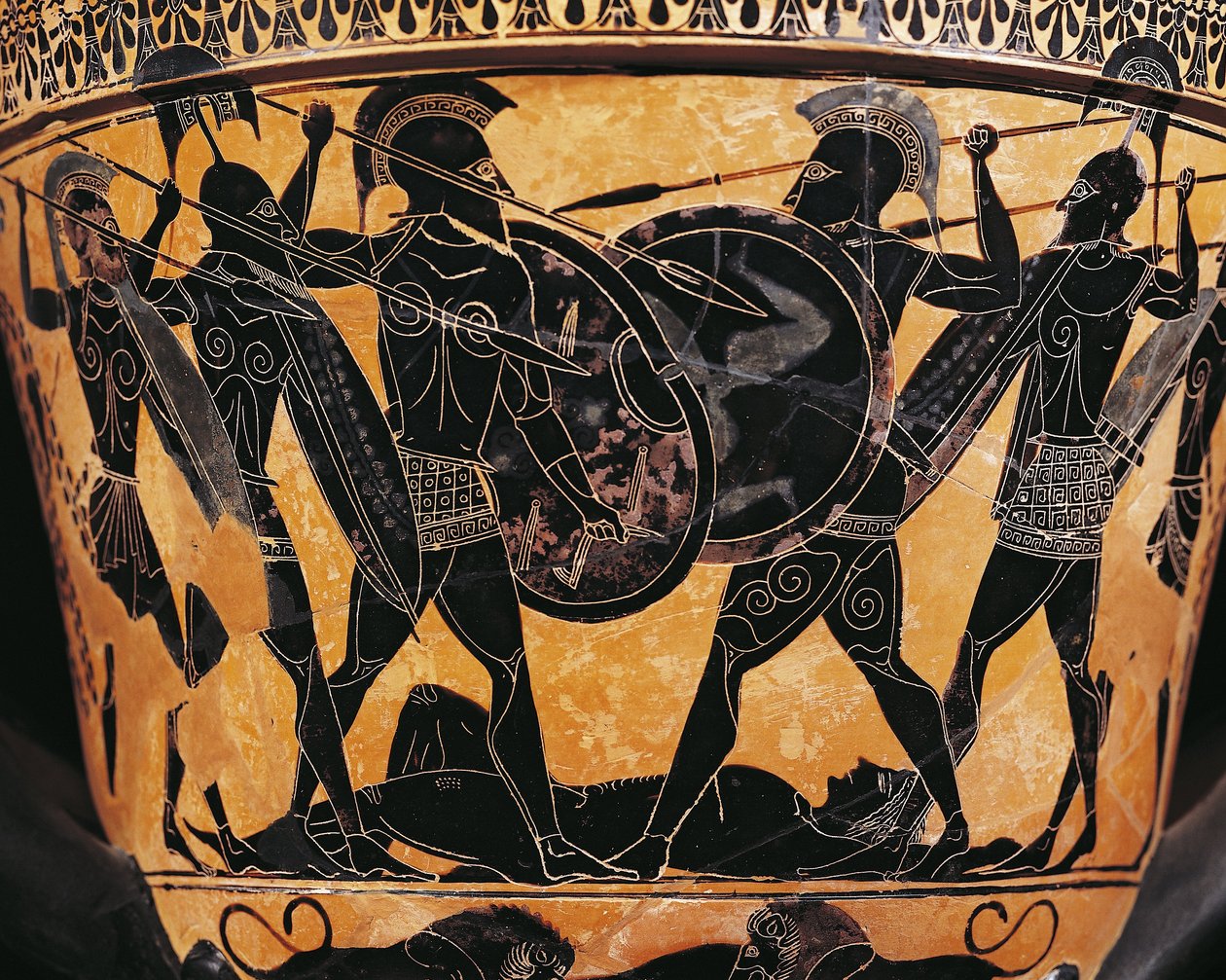 Civilização grega, Olaria de figuras negras, Krater representando a luta pelo corpo de Patroclus, De Farsala, Grécia de Greek School