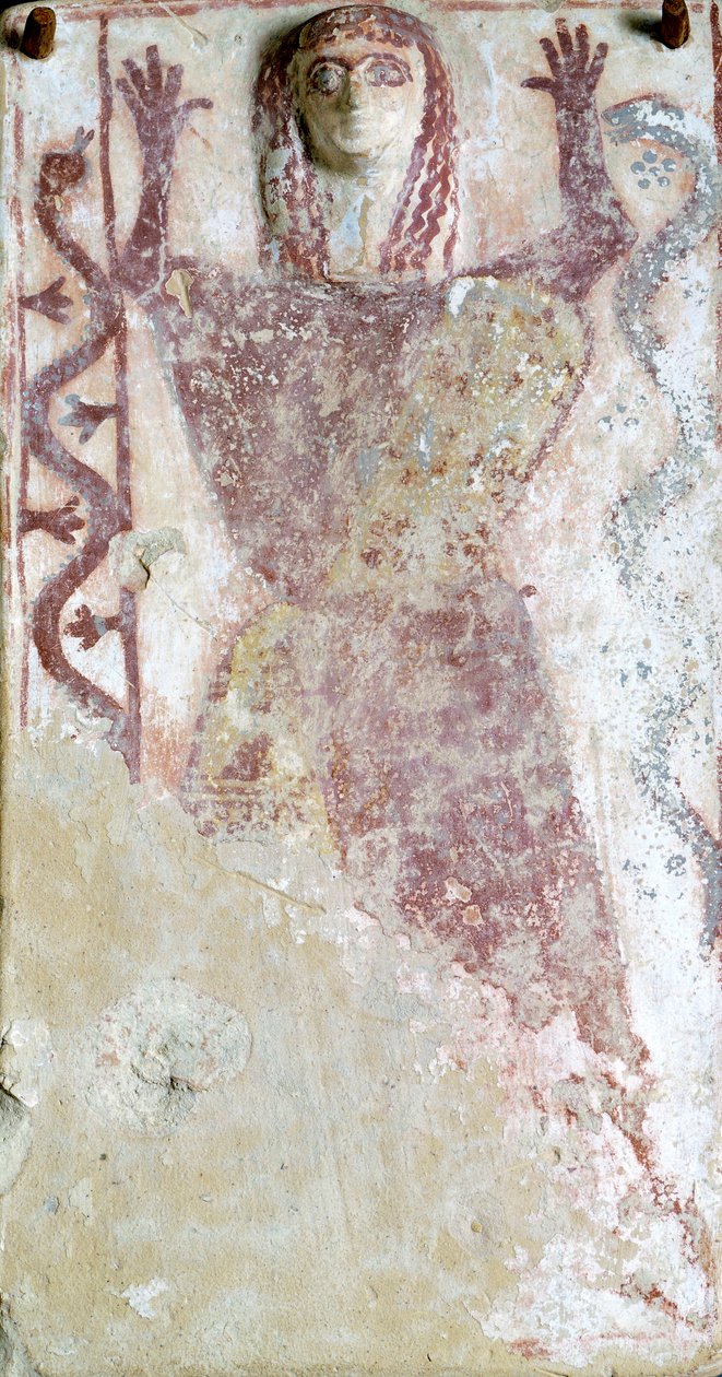 Pintura policromada sobre pinax e relevo representando a divindade feminina com serpente da "Agora" de Atenas, Grécia, Civilização Grega, Século VII a.C. de Greek School