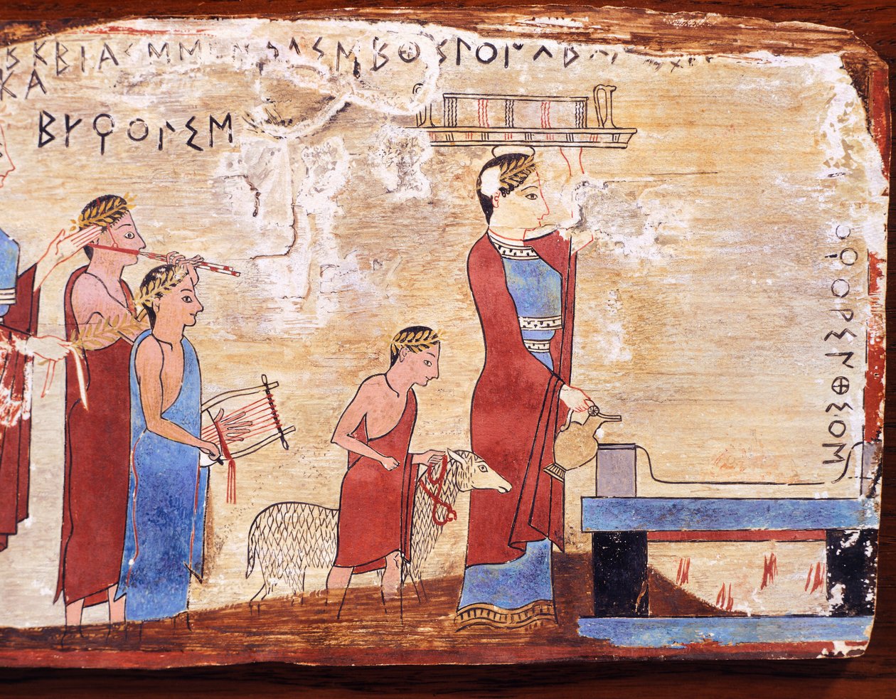 Cena mostrando sacrifício, comprimido pintado de Pitsa, Grécia, Civilização Grega, Século VI a.C. de Greek School