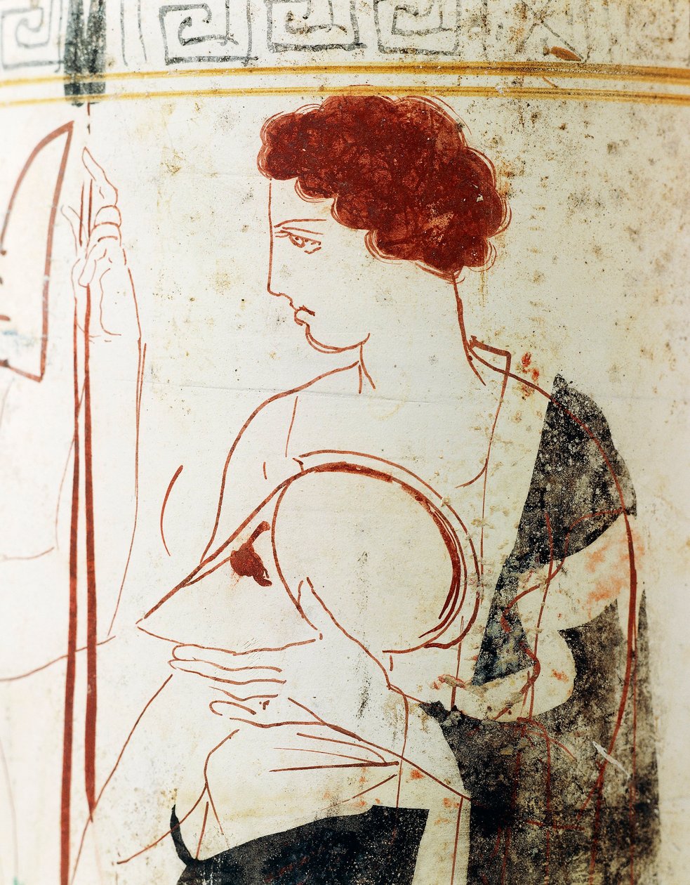 Cerâmica de terra branca, sótão lekythos retratando cena funerária com guerreiro antes do túmulo, detalhe de Greek School