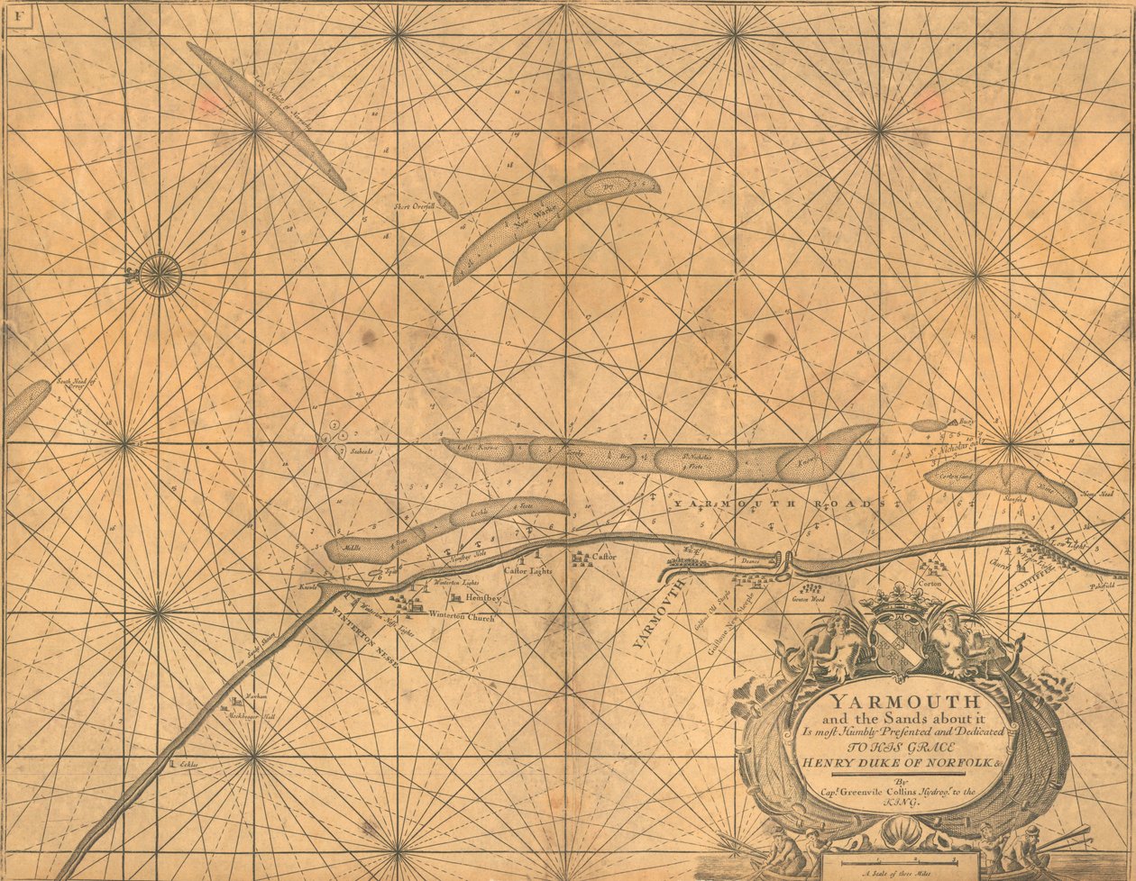Carta de Yarmouth e das areias à sua volta, c.1700 (gravura a cores) de Greenvile Collins