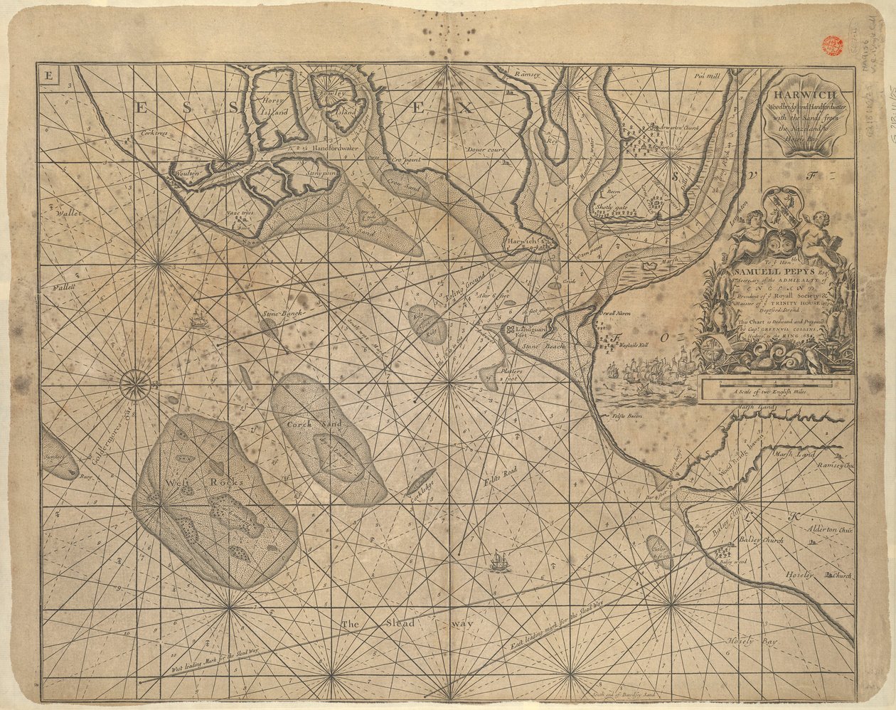 Carta do Mar do Norte dedicada a "Ye Honble Samuel Pepys Esq by Captain Greenvil Collins Hydrog to the King 1686 de Greenvile Collins