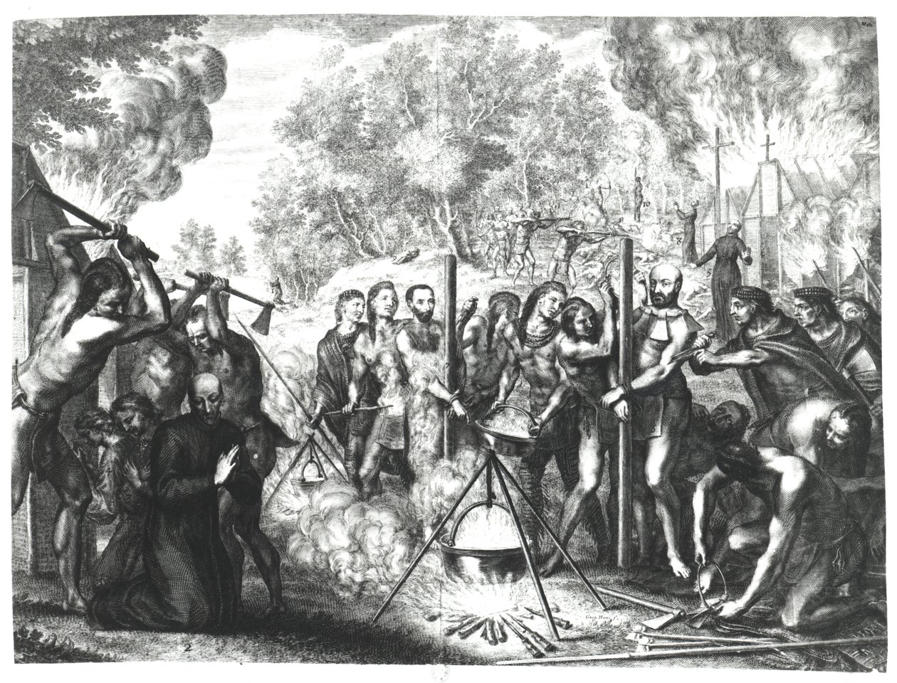 A morte de alguns padres jesuítas em Nouvelle-France, de "Historiae Canadensis" de François Ducreux, publicada em 1664 de Gregoire Huret