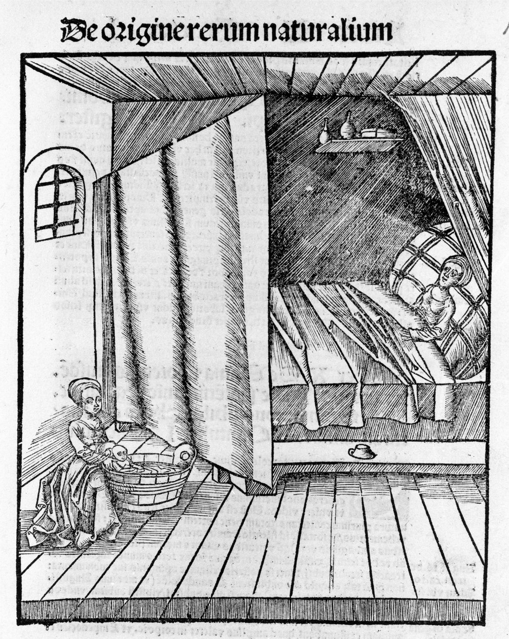 Uma parteira limpa o recém-nascido enquanto a mãe está a descansar. Gravura - em "Margarita Philosophica" de Gregor Reisch (1467-1525), Basiléia de Gregor Reisch