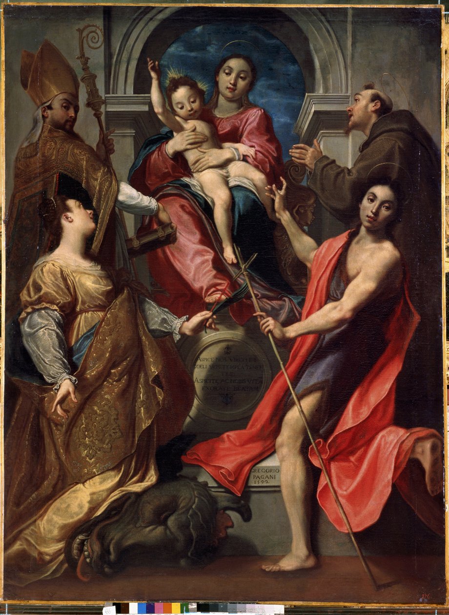 Virgem e Menino com São Francisco de Assis, São João Batista, Santa Margarida de Antioquia e São Gregório Magno (Virgem e Menino com São Francisco de Assis, João Batista, Margarida e Gregório Magno). Pintura de Gregoire Pagani (15 de Gregorio Pagani