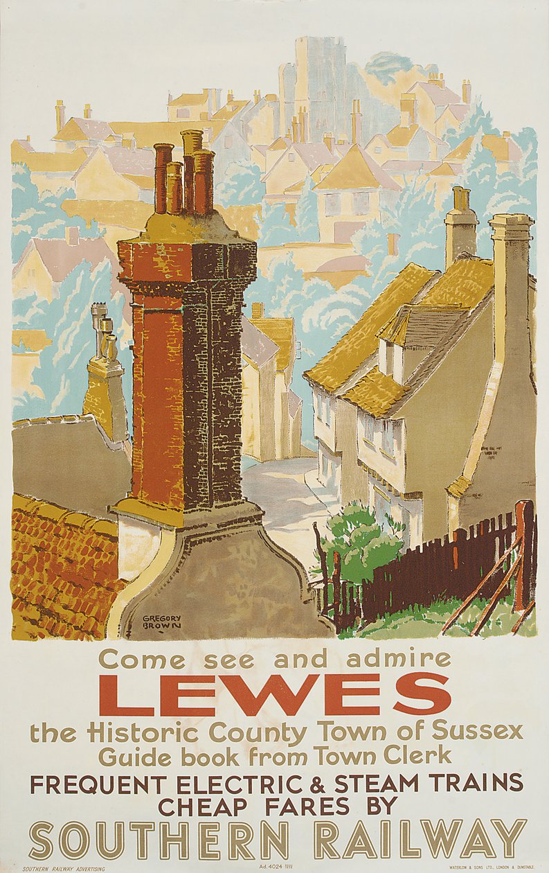 Lewes, pôster anunciando Southern Railway (cor lito) de F. Gregory Brown