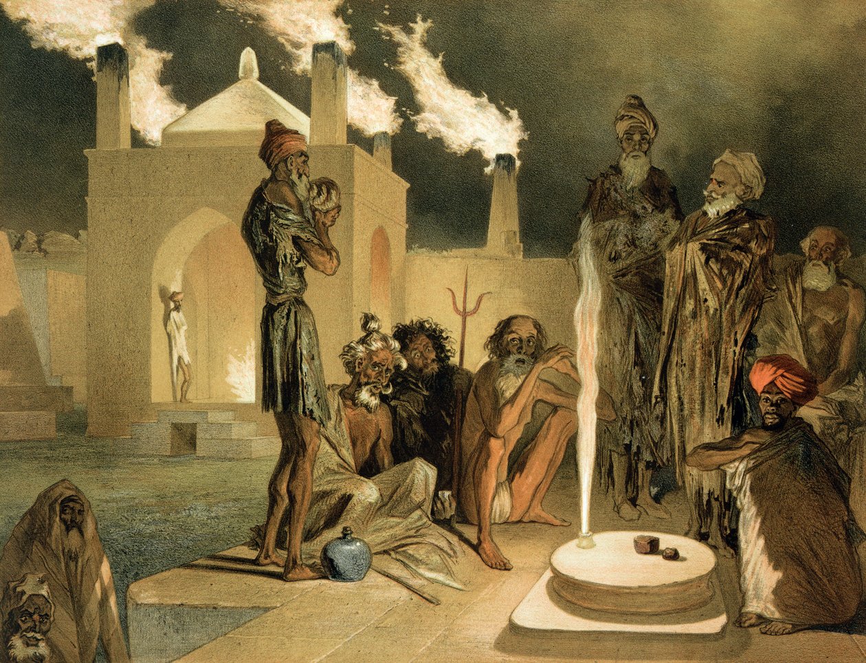 Ateseh-Gah, índios dedicados ao culto do fogo, Baku, placa 44 de um livro sobre o Cáucaso, gravado por Leroux, pub. de Alfred Leon Lemercier, 1847 de Grigori Grigorevich Gagarin