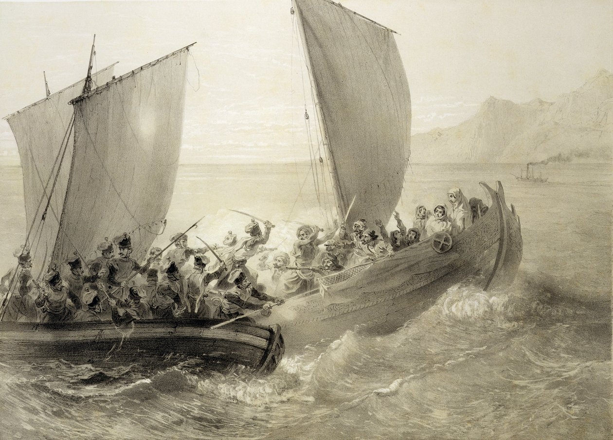 Cossacos Azov Embarcam em um corsário turco cheio de mulheres Cherkessk na costa do Mar Negro, gravadas por Adolphe Bayot (1810-66) e Leon Sabatier (fl.1827-87) pub. por Alfred Leon Lemercier, 1847 ( de Grigori Grigorevich Gagarin