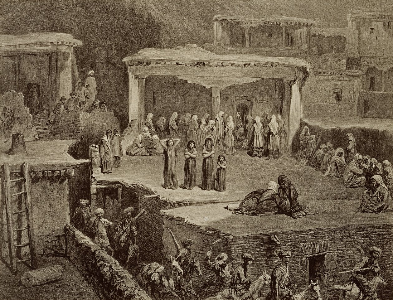 Cerimônia fúnebre nas ruínas de Akhaltchi, no Daguestão, prato 70 de um livro sobre o Cáucaso, gravado por Eugene Le Roux (1807-63), publicado por Alfred Leon Lemercier, Paris, 1847 de Grigori Grigorevich Gagarin