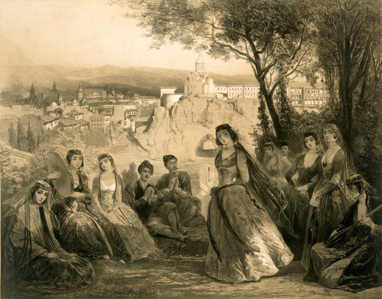Jardim perto de Tiflis, Geórgia, placa 27 de um livro sobre o Cáucaso, publicado por Alfred Leon Lemercier, Paris, 1847 de Grigori Grigorevich Gagarin