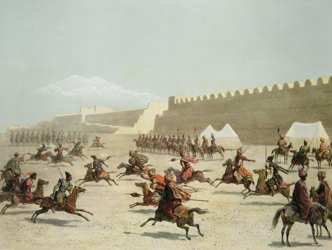 Guerreiros curdos e tártaros em Sadar Abbat, Armênia, placa 15 de um livro sobre o Cáucaso, Rayot e Jacottet, publicado por Alfred Leon Lemercier, Paris, 1847 de Grigori Grigorevich Gagarin