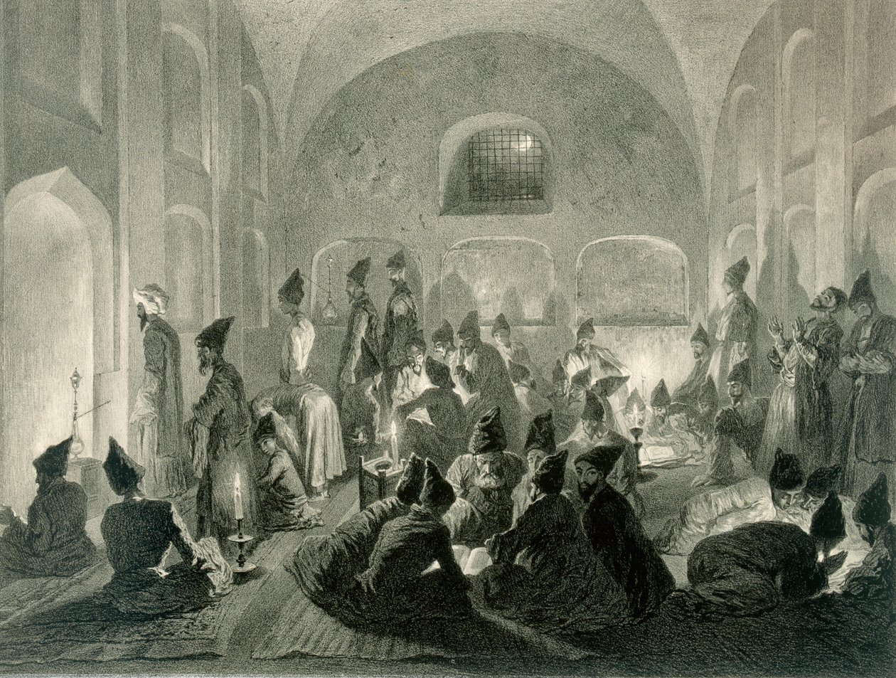 Mesquita persa em Yerevan, Armênia, uma noite durante o Ramadã, prato 19 de um livro sobre o Cáucaso, gravado por Eugene Le Roux (1807-63) publicado por Alfred Leon Lemercier, Paris, 1847 de Grigori Grigorevich Gagarin