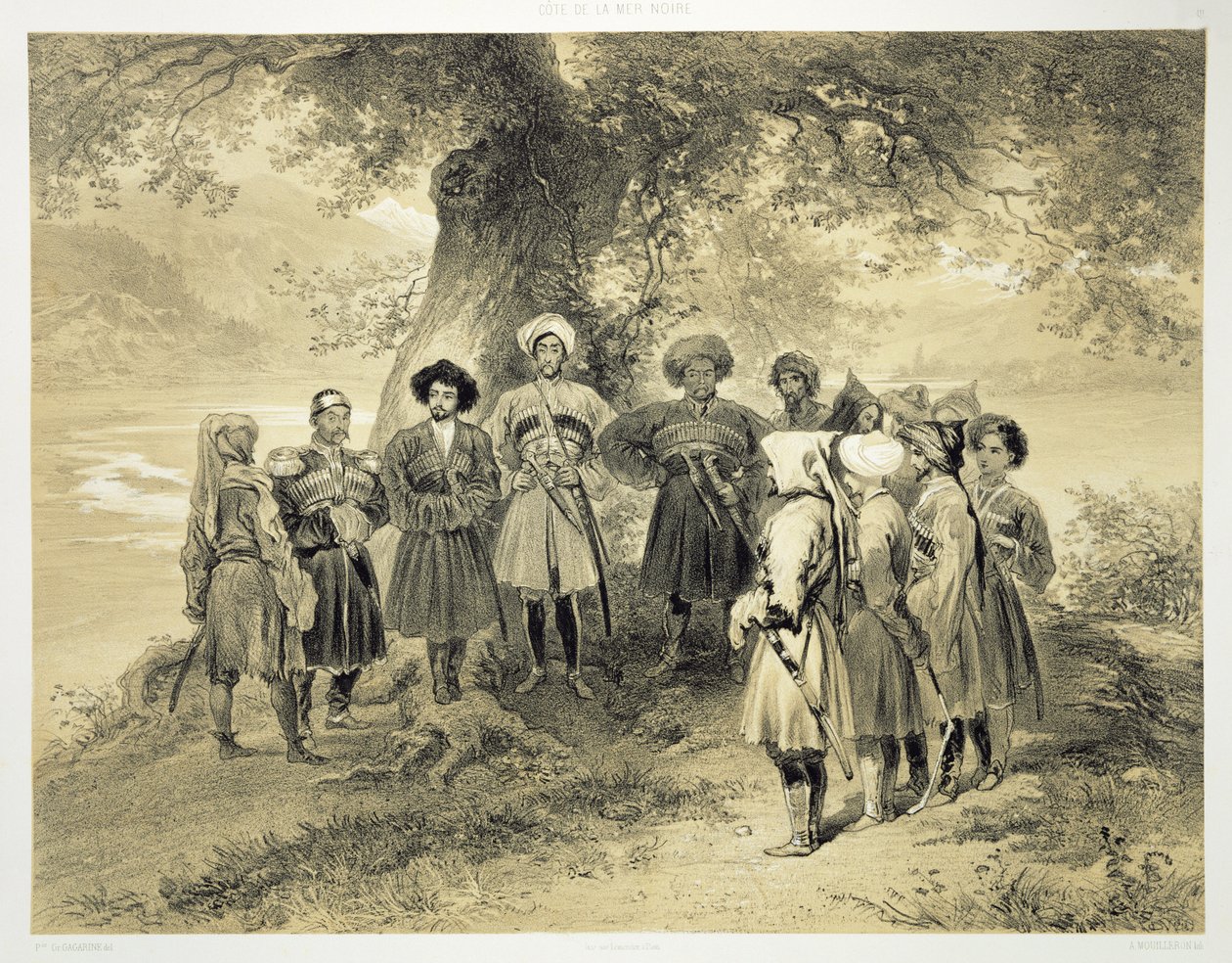 Reunião dos Príncipes de Tcherkesse, Vale de Sodja, no Mar Negro, prato 3 de um livro sobre o Cáucaso, gravado por Adolphe Mouilleron (1820-1881), publicado por Alfred Leon Lemercier, Paris, 1847 de Grigori Grigorevich Gagarin