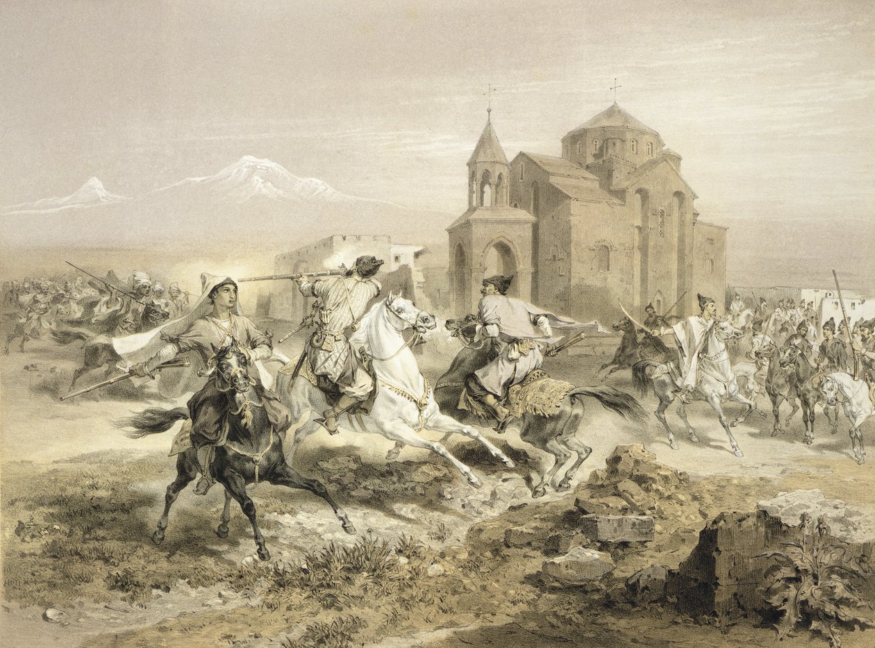 Escaramuça de persas e curdos na Armênia, placa 13 de um livro sobre o Cáucaso, gravado por Adolphe Jean-Baptiste Bayot (1810-66) publicado por Alfred Leon Lemercier, Paris, 1847 de Grigori Grigorevich Gagarin