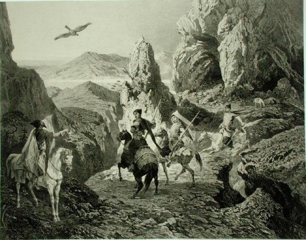A Falcon Hunt perto de Yerevan, Armênia, placa 20 de um livro sobre o Cáucaso, gravado por Eugene Ciceri (1813-90) e Adolphe Jean-Baptiste Bayot (1810-66), publicado por Alfred Leon Lemercier, Paris de Grigori Grigorevich (after) Gagarin