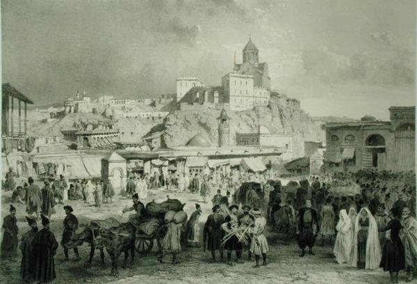The Bazaar in Maidan Square, Tiflis, Georgia, placa 25 de um livro sobre o Cáucaso, gravado por Adolphe Jean-Baptiste Bayot (1810-66) e Eugene Ciceri (1813-90), publicado por Alfred Leon Lemercier, Paris de Grigori Grigorevich (after) Gagarin