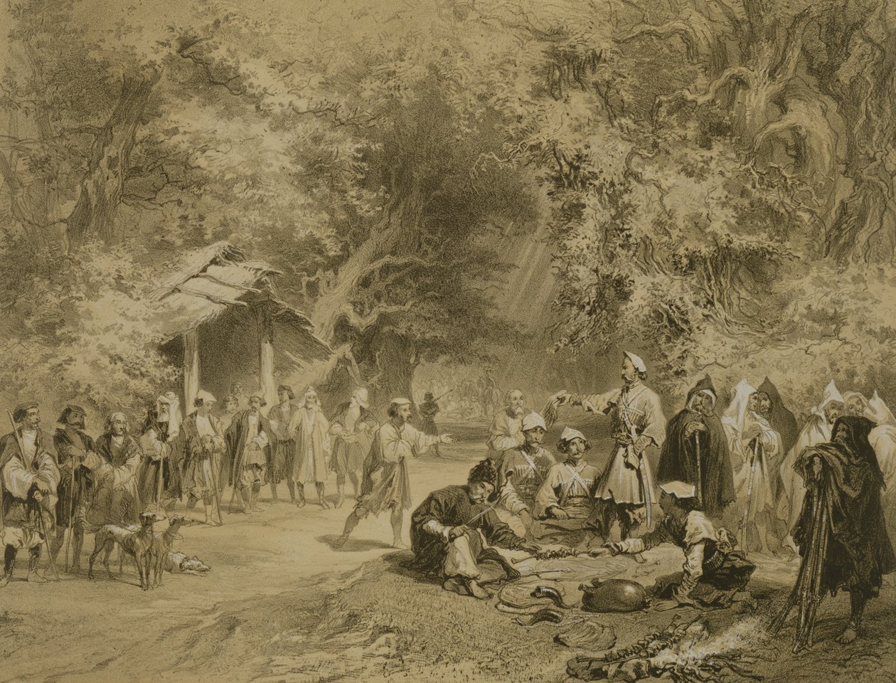 Fim da Caça, Mingrelia, prato 6 de um livro sobre o Cáucaso, gravado por Adolphe Mouilleron (1820-81), publicado por Alfred Leon Lemercier, Paris, 1847 de Grigori Grigorevich Gagarin