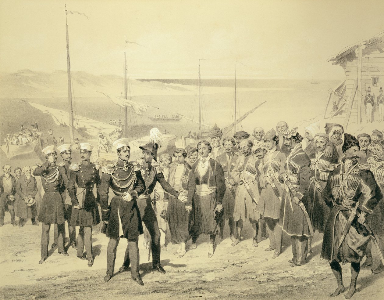 Desembarque de um líder militar em Redout-Kale, no Mar Negro, placa 5 de um livro sobre o Cáucaso, gravado por Adolphe Jean-Baptiste Bayot (1810-66), publicado por Alfred Leon Lemercier, Paris, 1847 (l de Grigori Grigorevich Gagarin