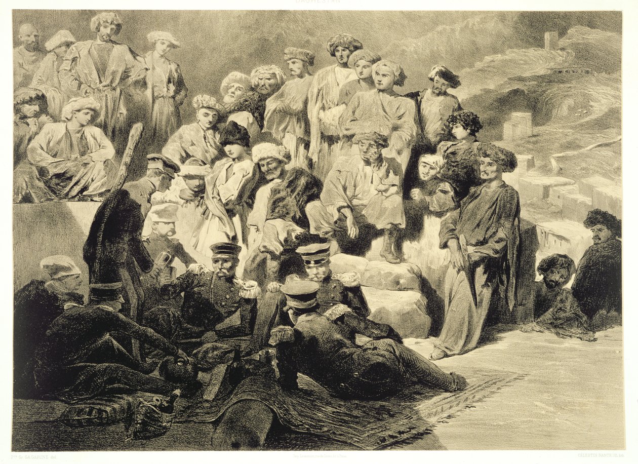 Refeição Militar nas Ruínas de Sioukh, no Daguestão, prato 69 de um livro sobre o Cáucaso, gravado por Celestin François Nanteuil (1813-73), publicado por Alfred Leon Lemercier, Paris, 1847 de Grigori Grigorevich Gagarin