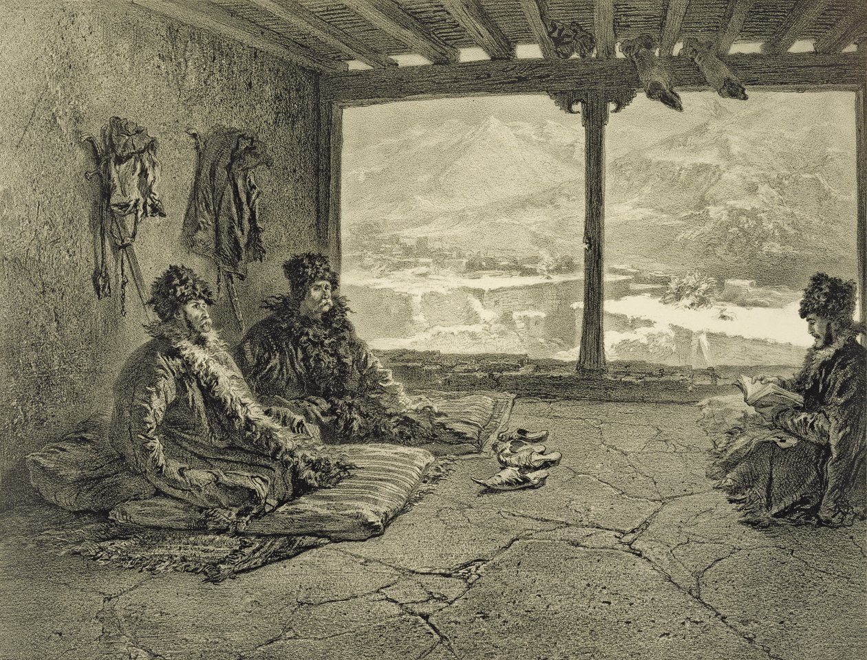 Palestra Sharia em Khosrakh, Daguestão, prato 50 de um livro sobre o Cáucaso, gravado por Adolphe Mouilleron (1820-81), publicado por Alfred Leon Lemercier, Paris, 1847 de Grigori Grigorevich Gagarin