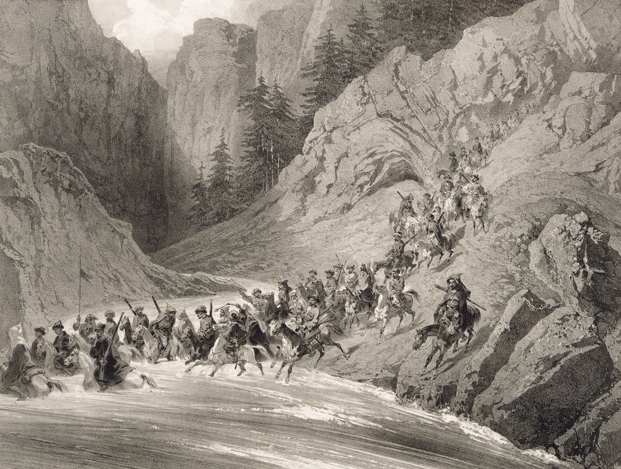 Tcherkersseians em uma incursão perto do Mar Negro, placa 4, de um livro sobre o Cáucaso, gravado por Eugene Ciceri (1813-1890) e Adolphe Jean-Baptiste Bayot (1810-66), publicado por Alfred Leon Lemercier, P de Grigori Grigorevich Gagarin