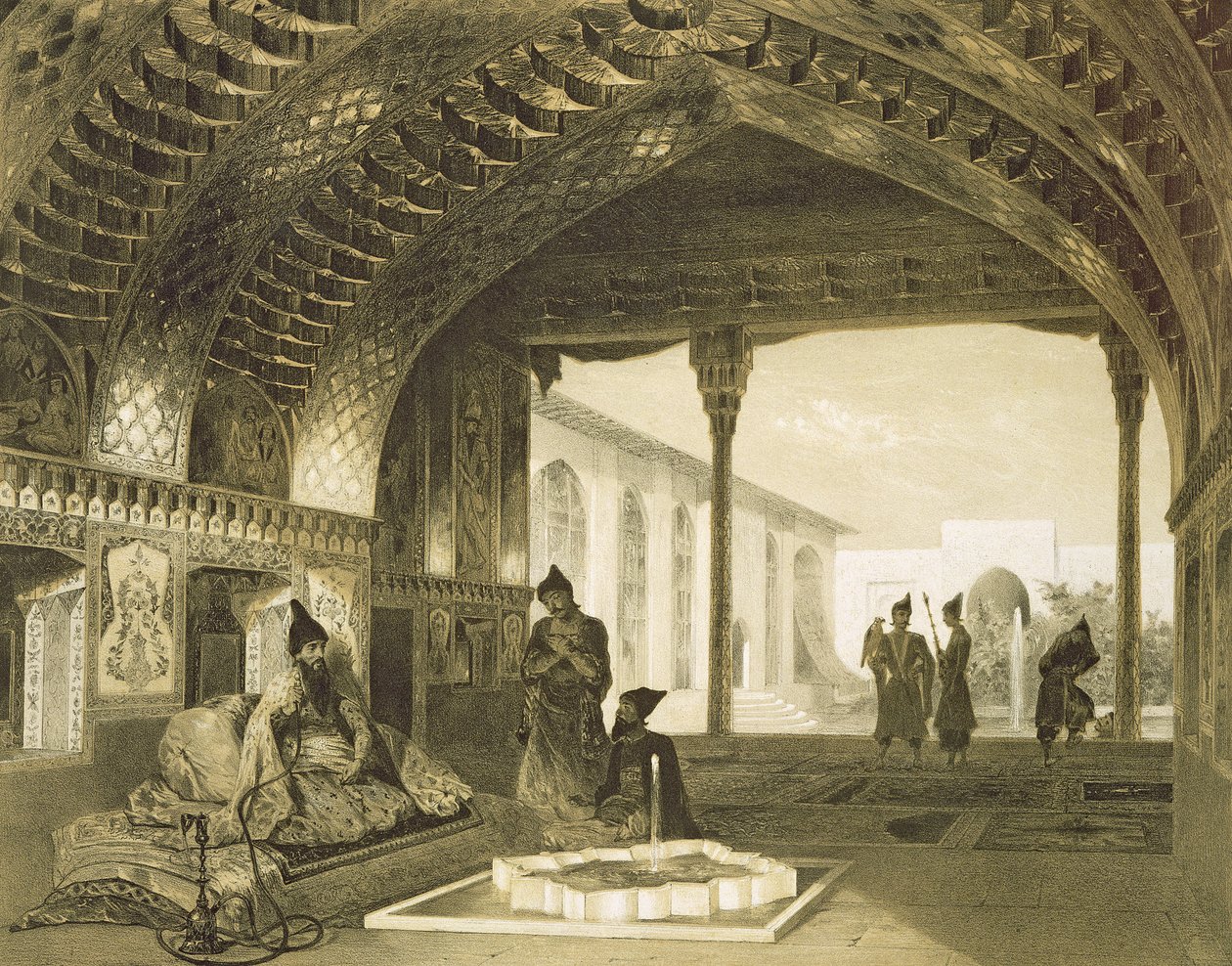 O Salão dos Espelhos no Palácio do Sardar de Yerevan, Armênia, prato 17 de um livro sobre o Cáucaso, gravado por Charles Claude Bachelier e Celestin Francois Nanteuil (1813-73) pub. de Alfred de Grigori Grigorevich Gagarin