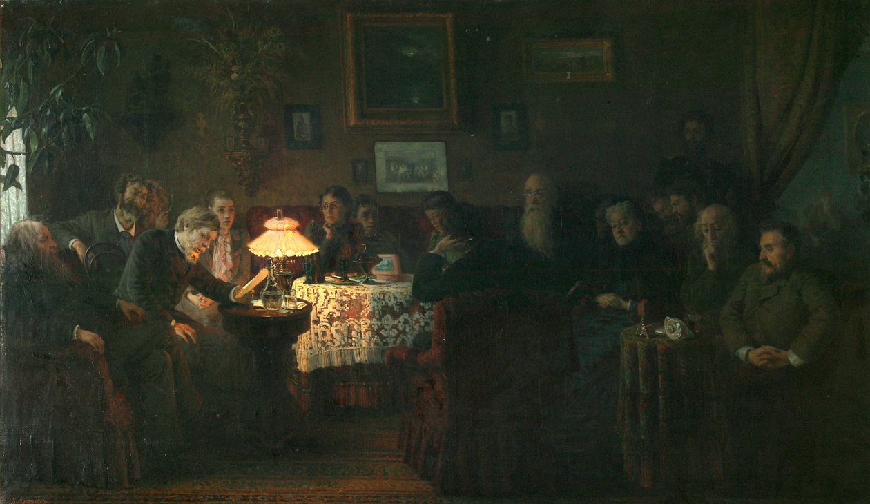 A leitura da novela A Sonata Kreutzer na Casa Leo Tolstoy, 1889 de Grigori Grigorievich Mjasoedov