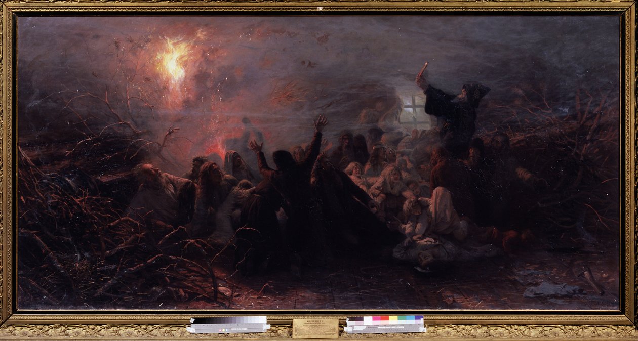 Auto-imolação. Episódio do raskol (ou cisma) da Igreja Ortodoxa em 1666-1667, quando em sinal de protesto contra as reformas do Patriarca de Moscou, alguns Velhos Crentes se incendiaram com medo do fim da guerra. de Grigori Grigoryevich Myasoedov