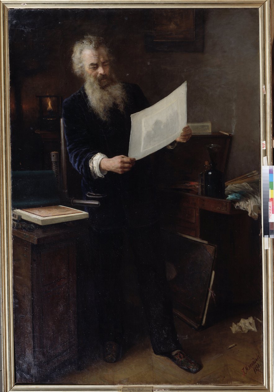 ""A primeira impressão"" (A primeira impressão). Retrato do artista Ivan Ivanovich Shishkin (Ivan Ivanovitch Shishkin) (1832-1898) olhando para uma de suas obras que acaba de realizar. Pintura de Grigori (Grigoriy, Grigory) Grigoryevich Myasoyedov ( de Grigori Grigoryevich Myasoedov