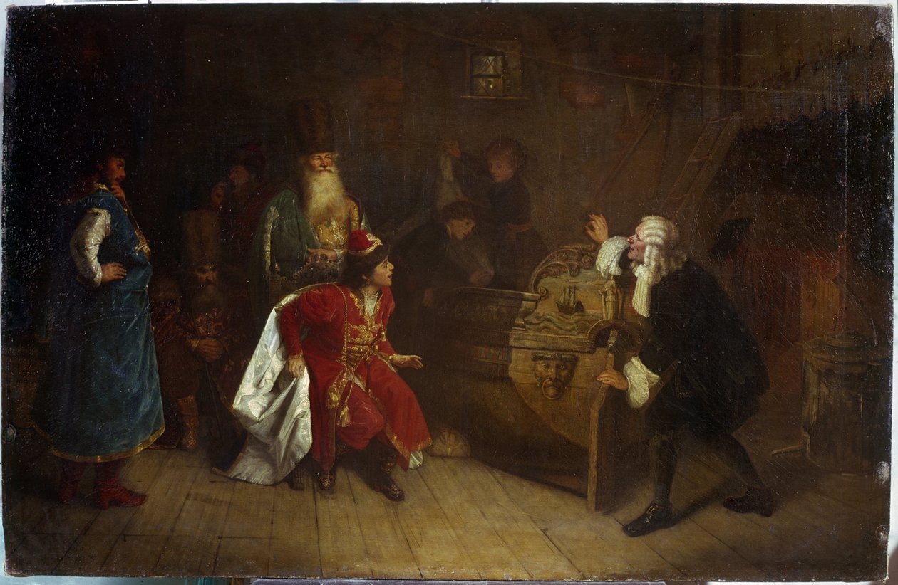 O Avô da Frota Russa. Uma cena da infância de Pedro I o Grande (1672-1725), na casa do seu avô Nikita Romanov (?), descobre uma canoa inglesa, a origem da sua paixão pela vela. Pintado de Grigori Grigoryevich Myasoedov