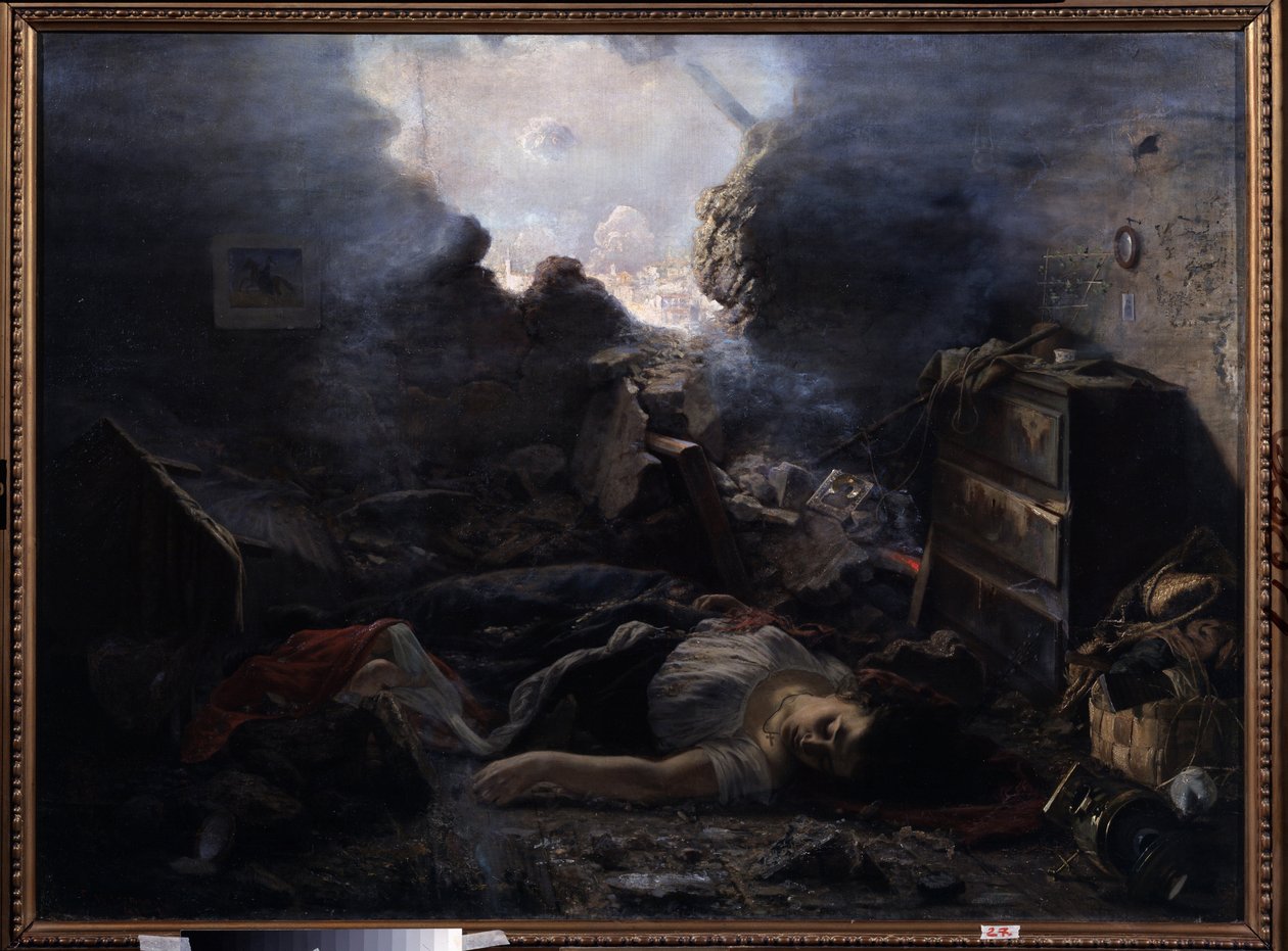 O Cerco de Sebastopol (Ucrânia) (O Cerco de Sebastopol). Descrição das atrocidades da Guerra da Criméia (1853-1856), durante o episódio do cerco de Sebastopol em 1854. Os cadáveres de uma mulher e seu bebê jazem no chão de sua casa com a parede rasgada de Grigori Grigoryevich Myasoedov