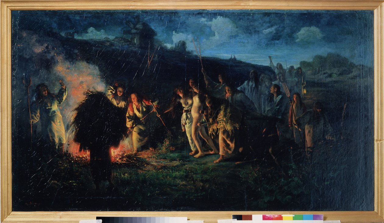 Rito do Arado. Cena da vida camponesa, festa folclórica eslava, ao anoitecer, em torno de uma grande fogueira, camponeses equipados com suas ferramentas agrícolas e lanternas, em procissão, trazem uma jovem nua, na esperança de Grigori Grigoryevich Myasoedov