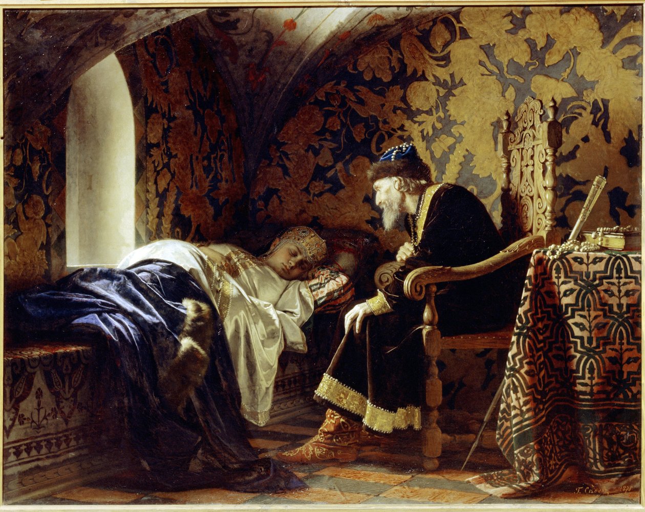 Vasilisa Melentyevna (falecida em 1579) e o Czar Ivan IV, o Terrível (1530-1584). (Vasilisa Melentyevna e o Czar Ivan, o Terrível). A jovem e bela mulher, sexta esposa do czar, está a dormir num banco, sob o olhar terno de Ivan, o Terrível. de Grigori Semenovich Sedov