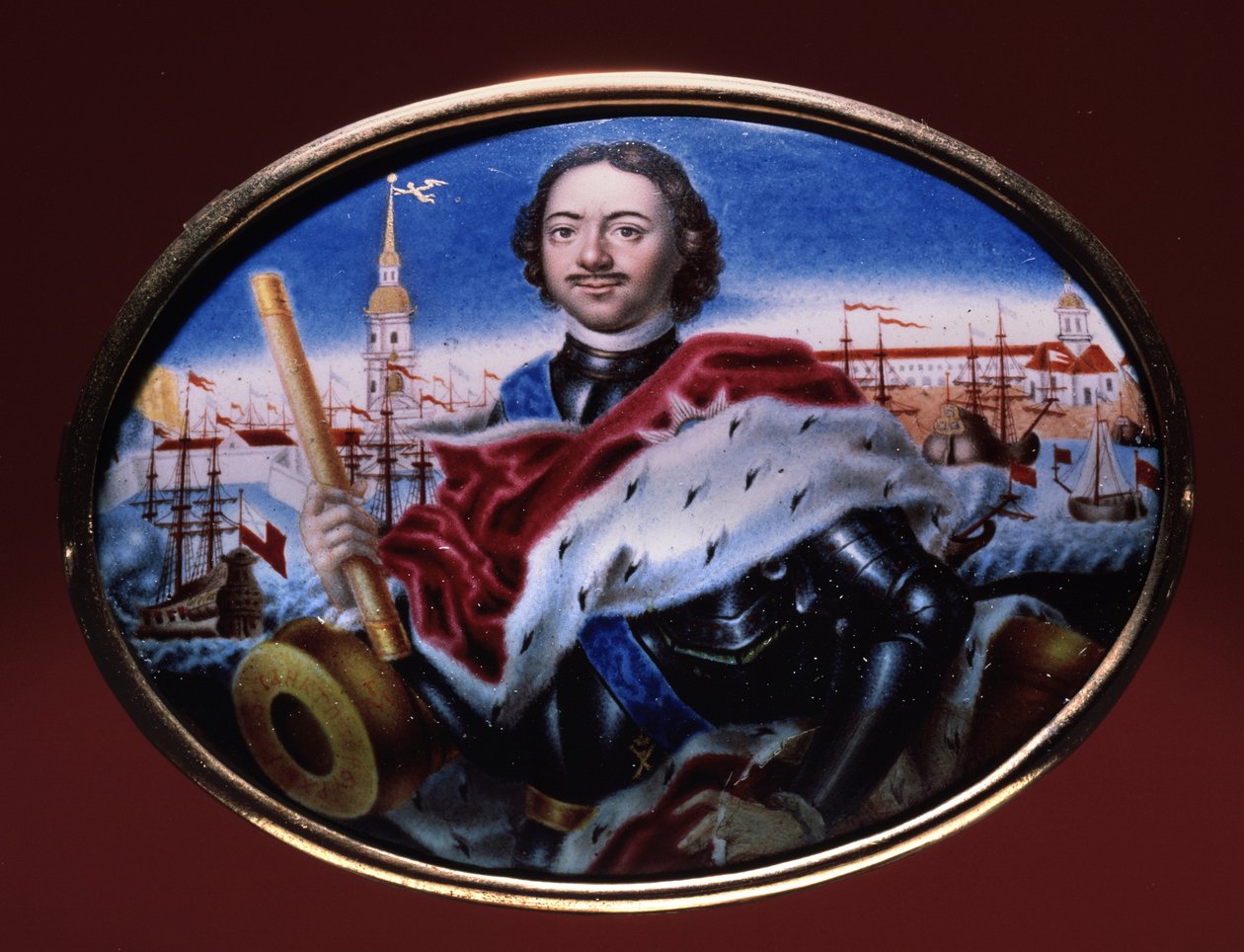 Retrato do Imperador Pedro I O Grande (1672-1725), com vista para a Fortaleza de Pedro e Paulo em São Petersburgo. (Retrato do Imperador Pedro I com vista para a Fortaleza de Pedro e Paulo em São Petersburgo). Trabalho de Grigori Semyonovich Mu de Grigori Semyonovich Musiklysky