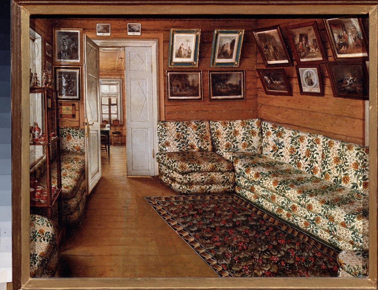 A sala de recepção em uma mansão - Pintura de Grigori Vasilyevich Soroka (1823-1863), óleo sobre tela - arte russa do século XIX - Museu Estadual de História e Arte ao Ar Livre, Pskov (Rússia) de Grigori Vasilievich Soroka