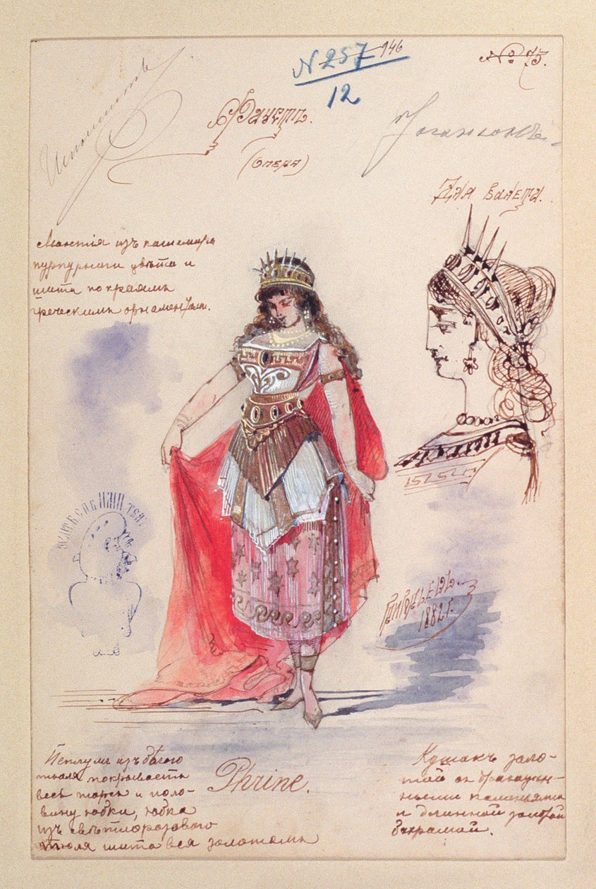Figurinos para o papel de Phrine na ópera &39;Faust&39;, de Charles Gounod (1818-1893) 1882 (guache e caneta sobre papel) de Grigoriev