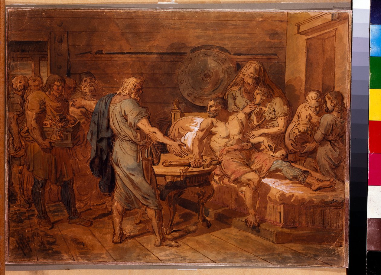 Apelo de Kuzma Minin (falecido em 1616) ao príncipe Dmitri Pozharsky (1577-1642) - Obra de Grigori Ivanovich Ugryumov (Ugrioumov) (1764-1823), aquarela e branco sobre papel, por volta de 1800 (31,6x42 cm) - (apelo de Kuzma Minin a o príncipe Dmitry Pozhars de Grigoriy Ivanovich Ugryumov
