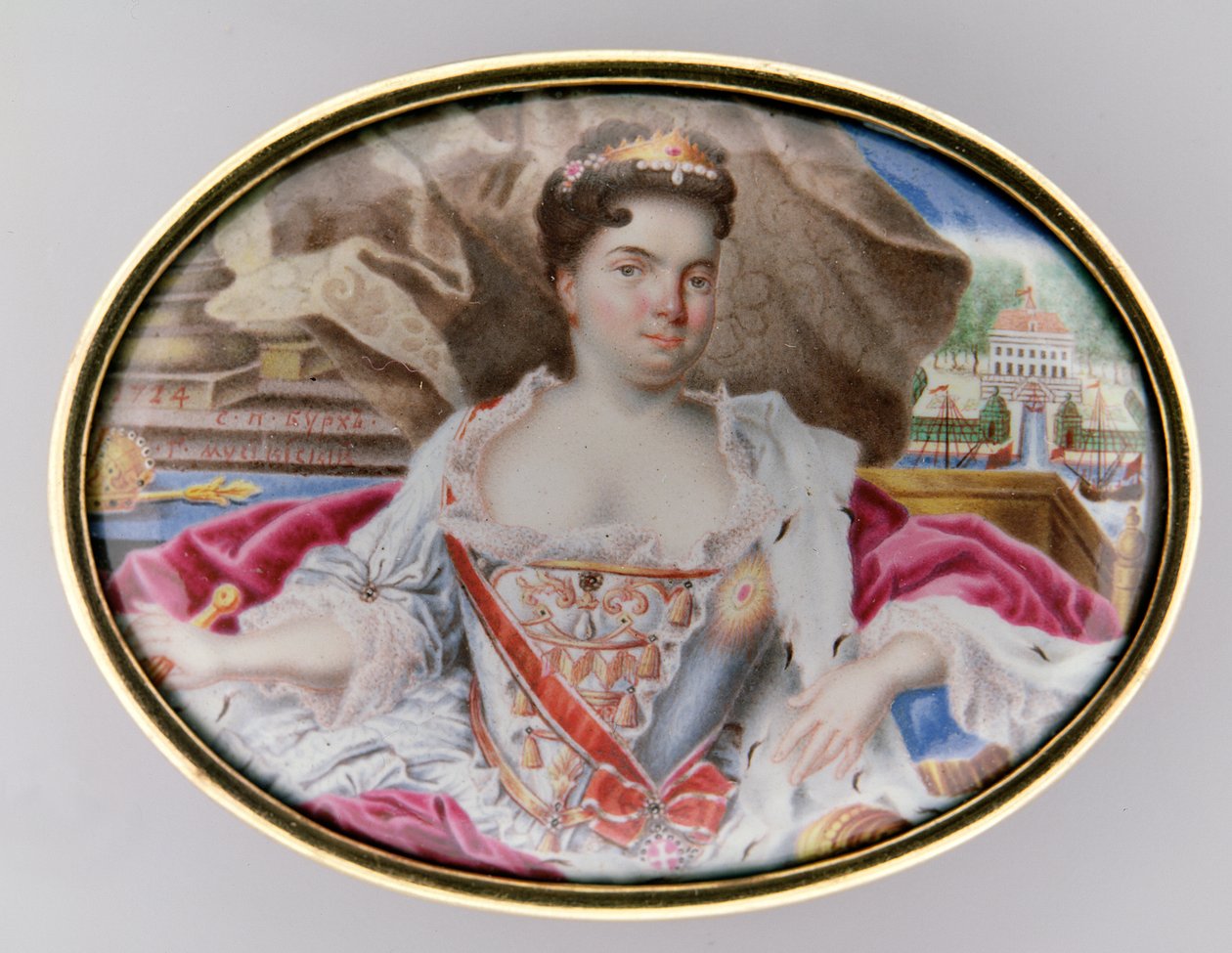 Retrato de Catarina I (1684-1727), 1724 (esmalte em ouro) (par de 209297) de Grigory Semyonovich Musikiysky