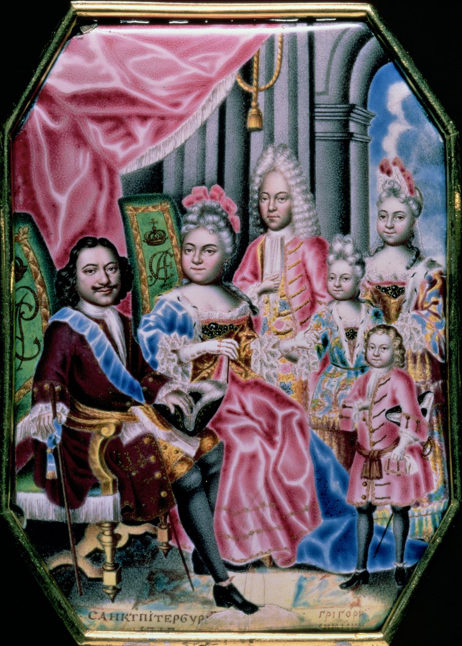 A Família do Imperador Pedro I, o Grande (1672-1725), 1717 (esmalte) de Grigory Semyonovich Musikiysky