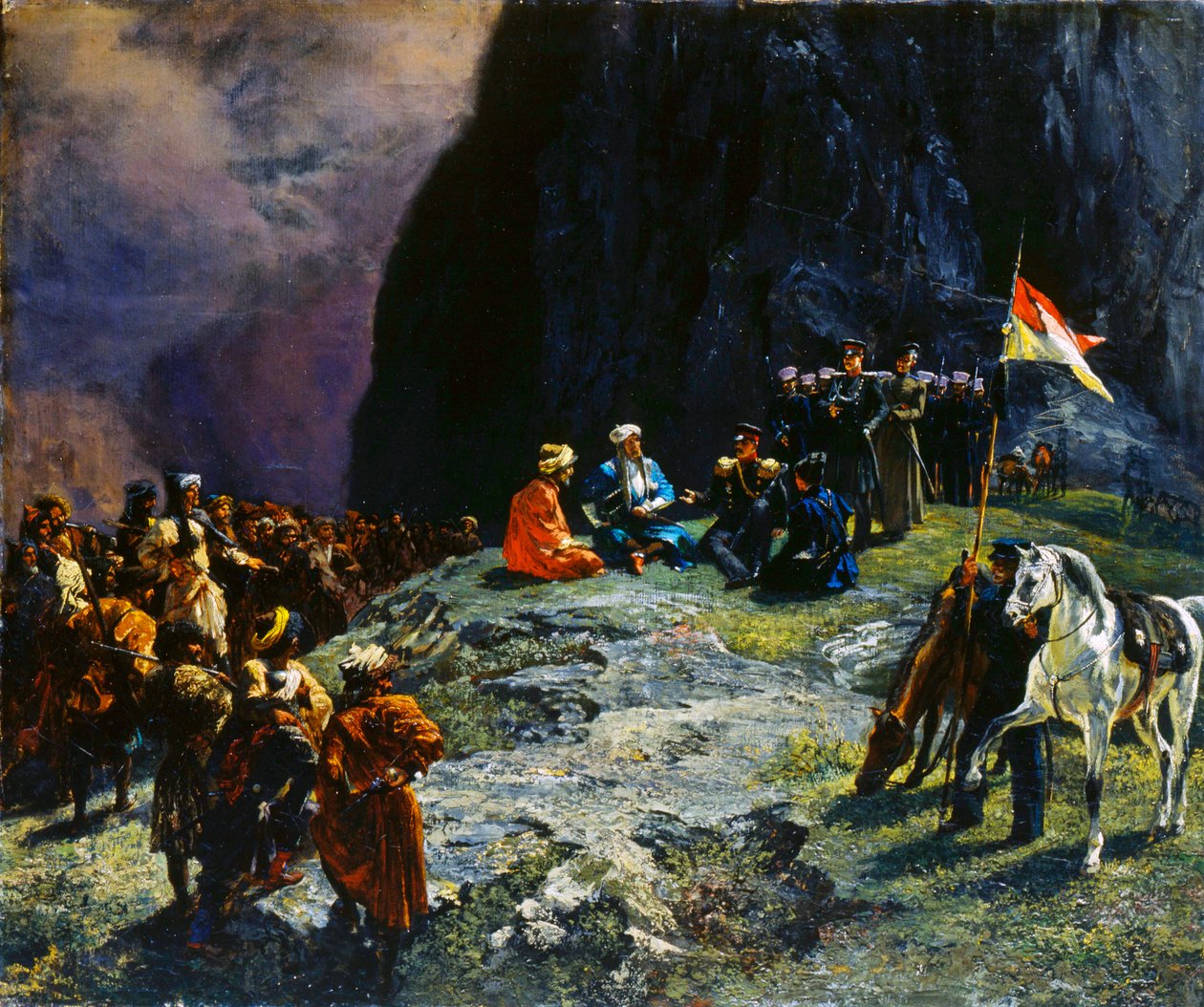 A reunião do general Klüke de Klügenau e do imã Shamil em 1837, 1849. de Grigory Gagarin