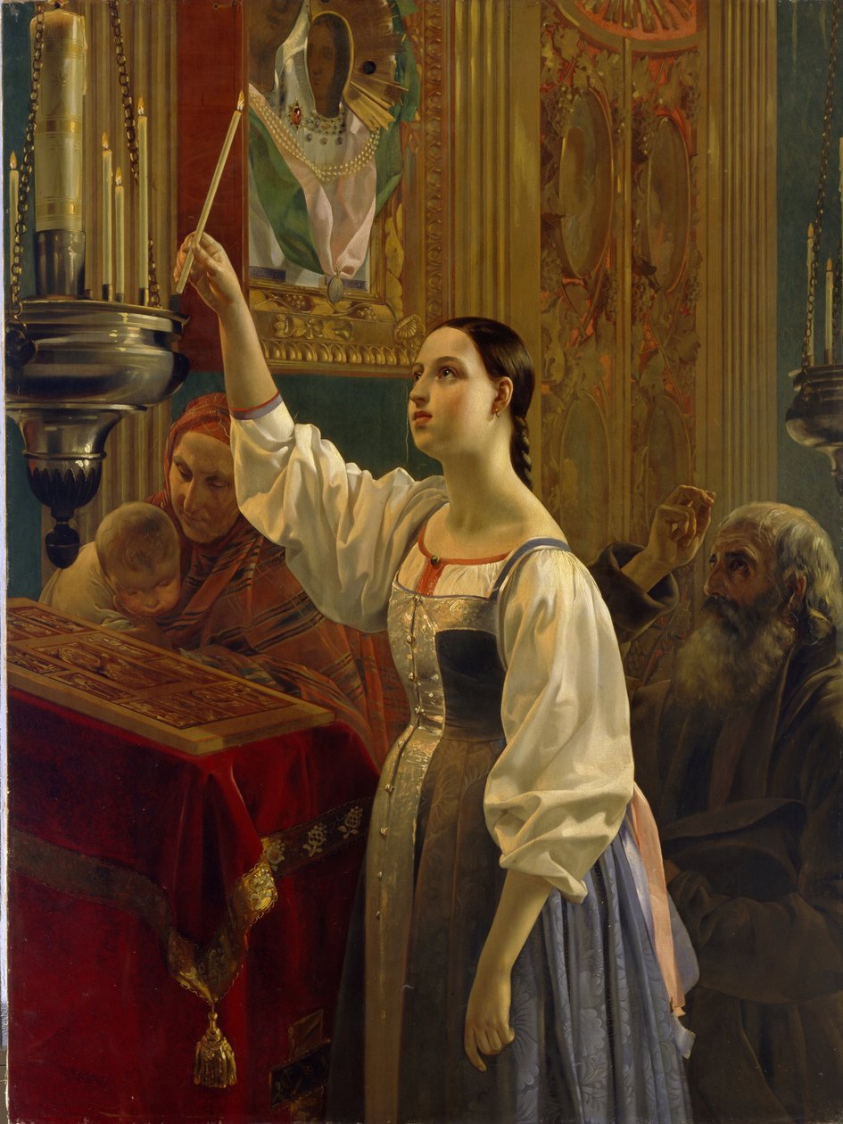 Menina a colocar uma vela antes do Ícone. Numa igreja ortodoxa, na quinta-feira santa da semana da Páscoa. Pintura de Grigori Karpovich Mikhaylov (Mikhailov) (1814-1867), óleo sobre tela de Grigory Mikhailov