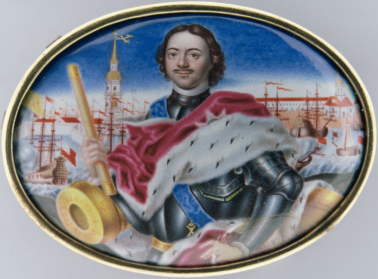 Retrato de Pedro I (1672-1725) contra a Fortaleza de São Pedro e São Paulo e a Praça da Trindade em São Petersburgo, 1723 (esmalte sobre ouro) (ver 126084) de Grigory Semyonovich Musikiysky