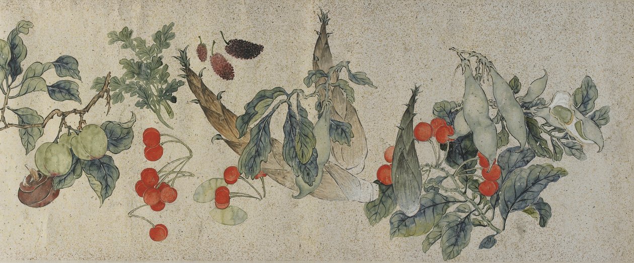 Legumes e frutas, dinastia Qing, 1828 (tinta e cor em papel com flocos de ouro) de Gu Luo