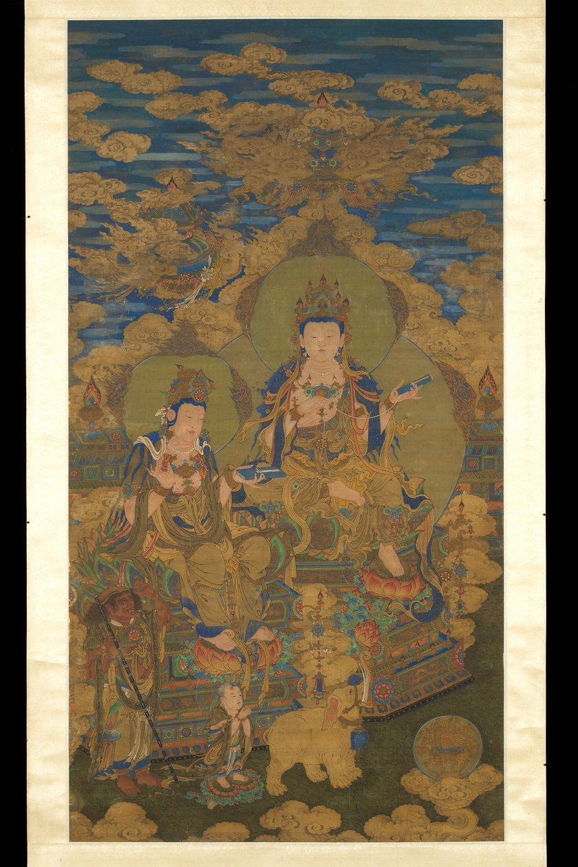 Duas versões do bodhisattva Guanyin, c.1750 (tinta e cor na seda) de Guanpeng (after) Ding