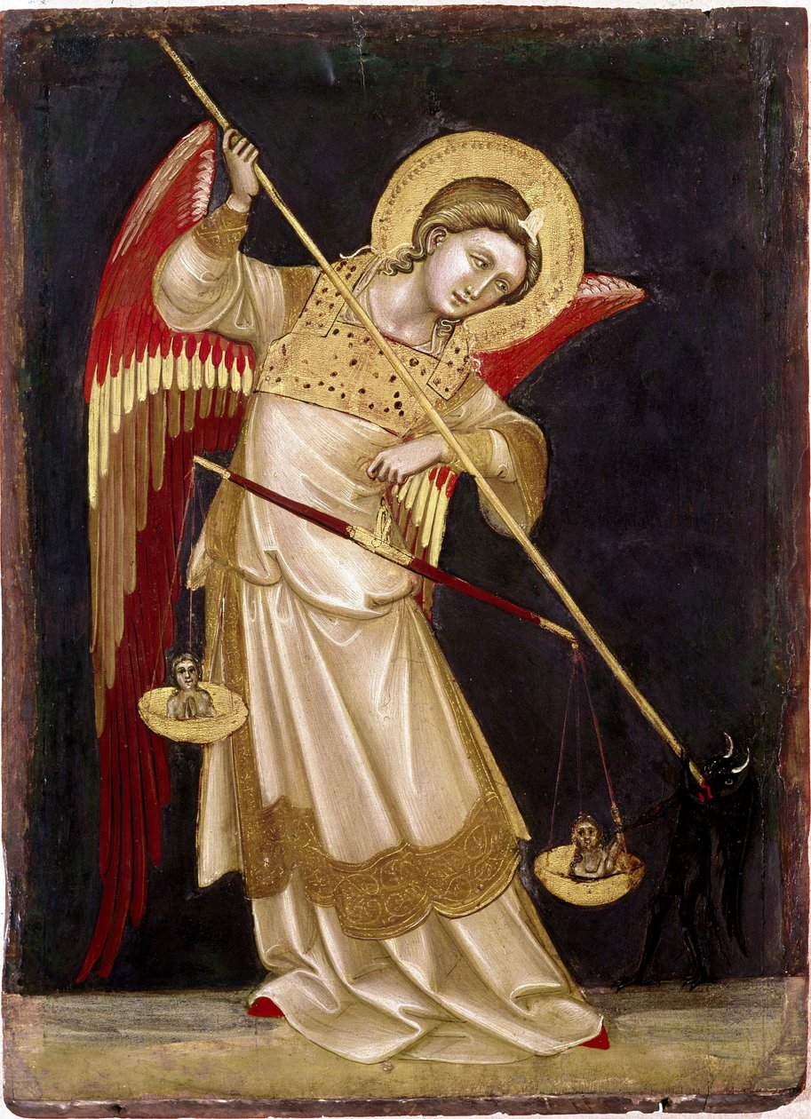 Anjo pesando uma alma numa balança Pintura em madeira de Guariento di Arpo (1338-1370) Século XIV Museo Civico, Pádua de Guariento di Arpo