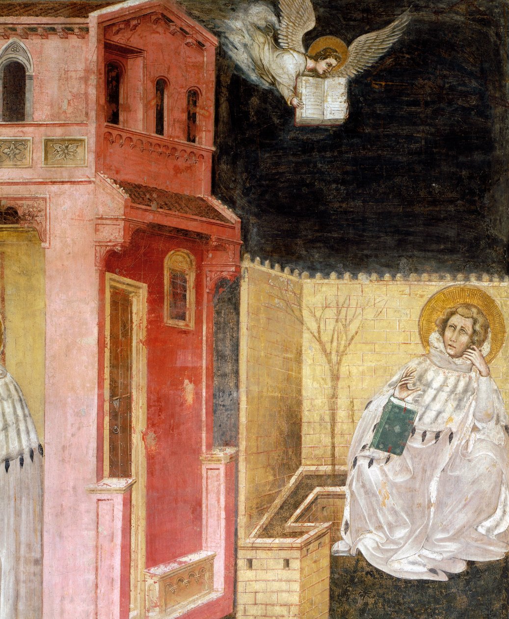 Aparição do anjo, detalhe da Visão de Santo Agostinho, cena de Contos de São Filipe e Santo Agostinho, de Guariento (ativo desde 1338, morreu ca. 1367), afresco, Igreja dos Eremitanos (Eremitas), Pádua, Vêneto. Itália de Guariento di Arpo