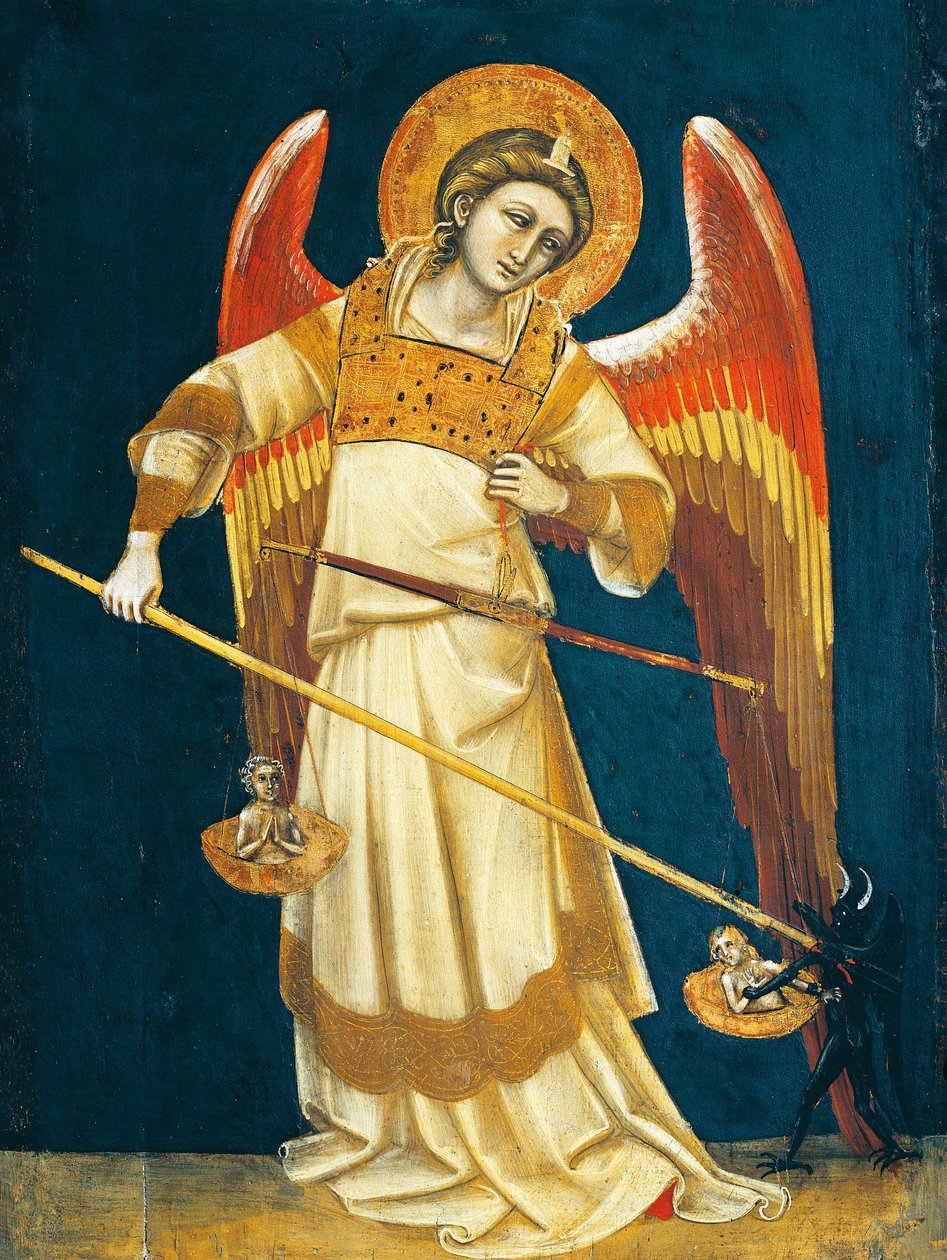 Arcanjo Miguel pesando almas, cerca de 1354, por Guariento (ativo 1338-1367 ou 1370), tempera no painel de Guariento di Arpo